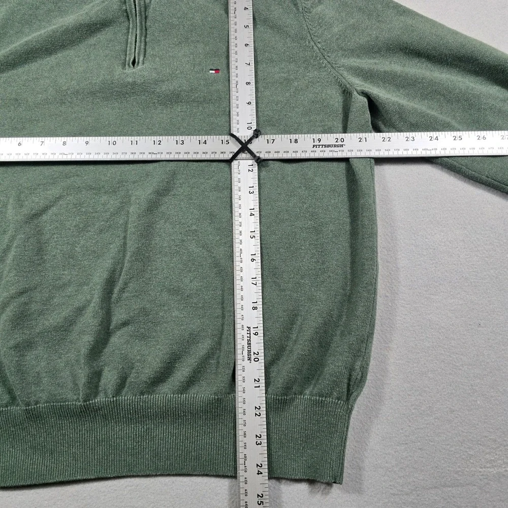 Tommy Hilfiger Mens Large Green Sweater Quarter Zip Pullover Cotton Leather Pull